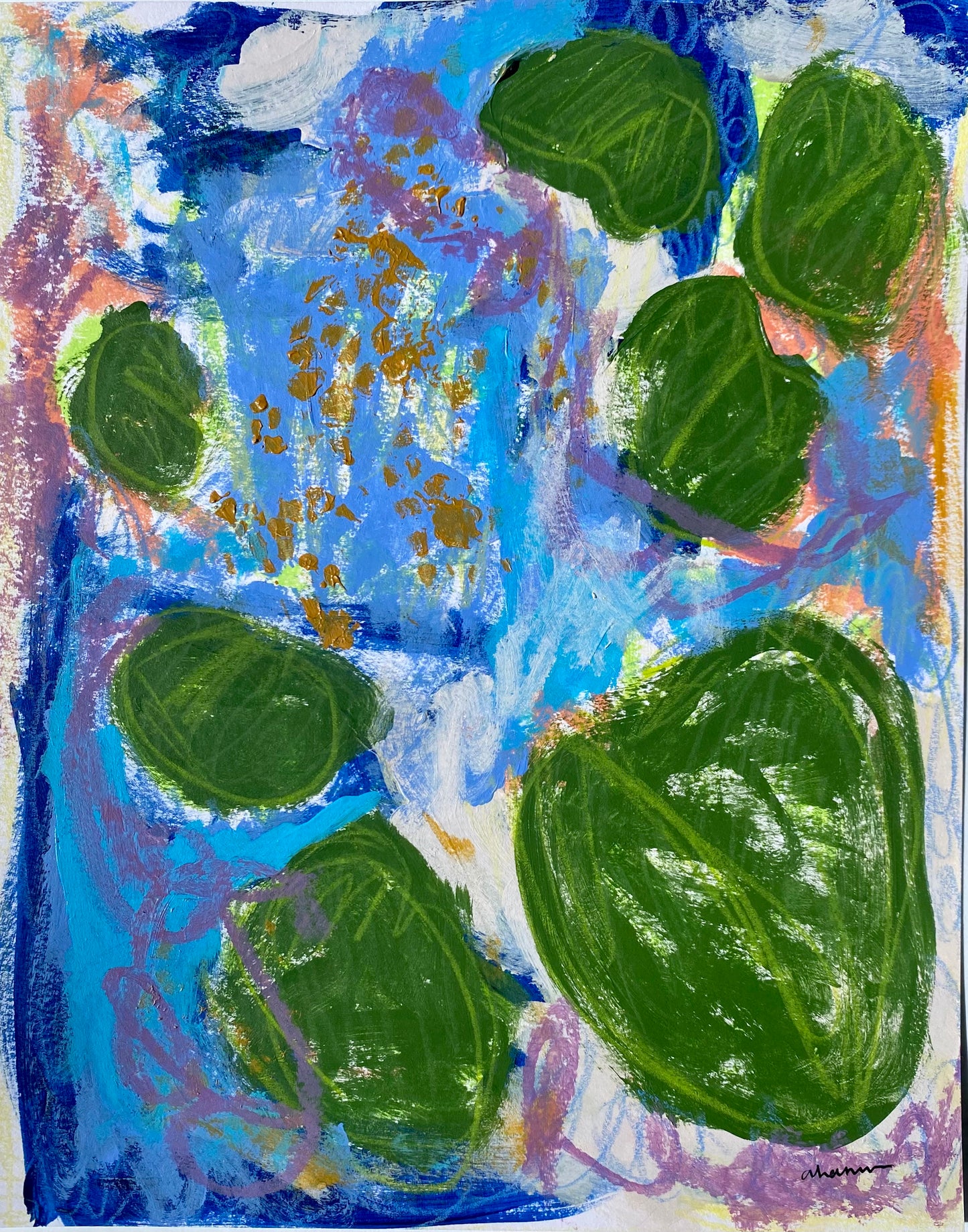Renewal - Lily Pads 18, 8x10" Mixed Media on Paper (Framed)
